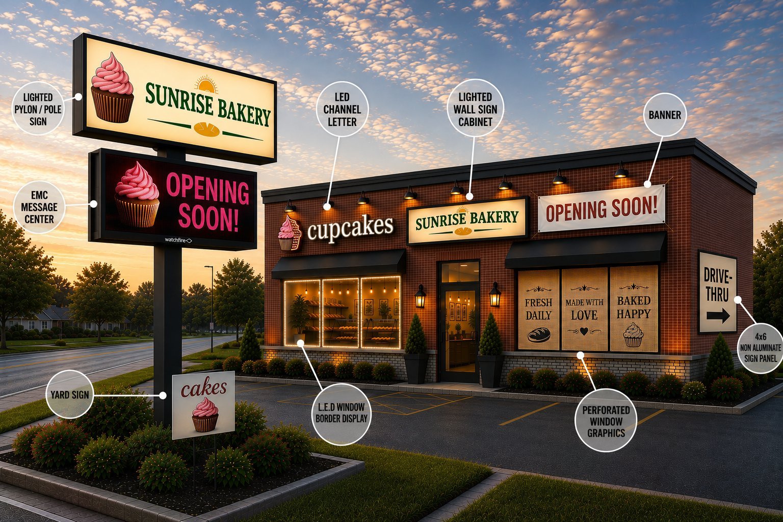 Diagram of a storefront showing sign types: lighted pylon sign, EMC message center, LED channel letters, lighted wall sign cabinet, banner, yard sign, LED window border display, perforated window graphics, and panel signs